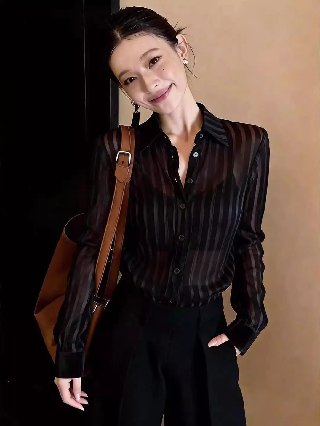 

Black Stripe Chiffon Shirt Draped Loose Fit Korean Style Long Sleeve round Neck Button up Casual Elegant Spring New Design