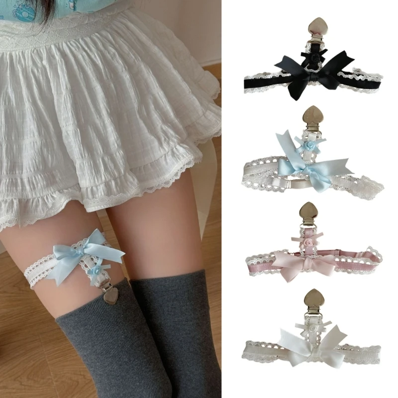 Lolita Girls Lace Sweet Leg Rings Cosplay Anime Leg Band Y2K Women Punk Rose Bowknot Heart Shape Lag Garters Belt Thigh Harness