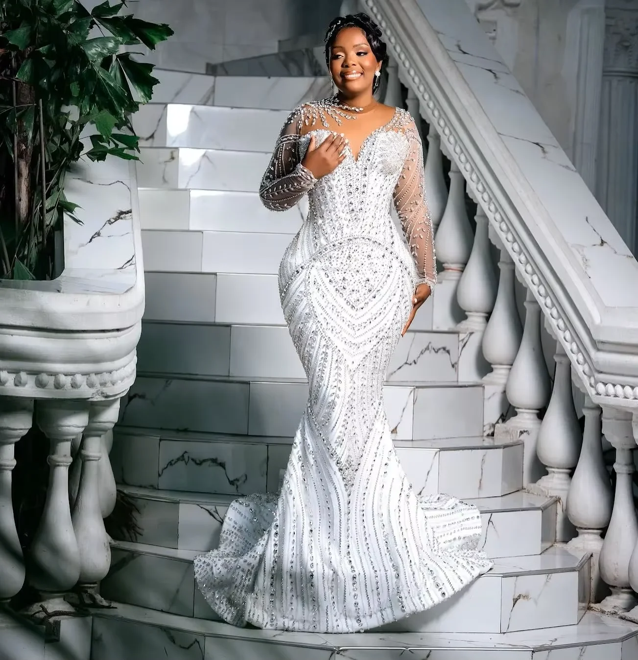 Luxurious Mermaid African Wedding Dresses Sheer O-neck Crystal Bead Long Sleeve Princess Bride Bridal Gowns Vestidos De Novia