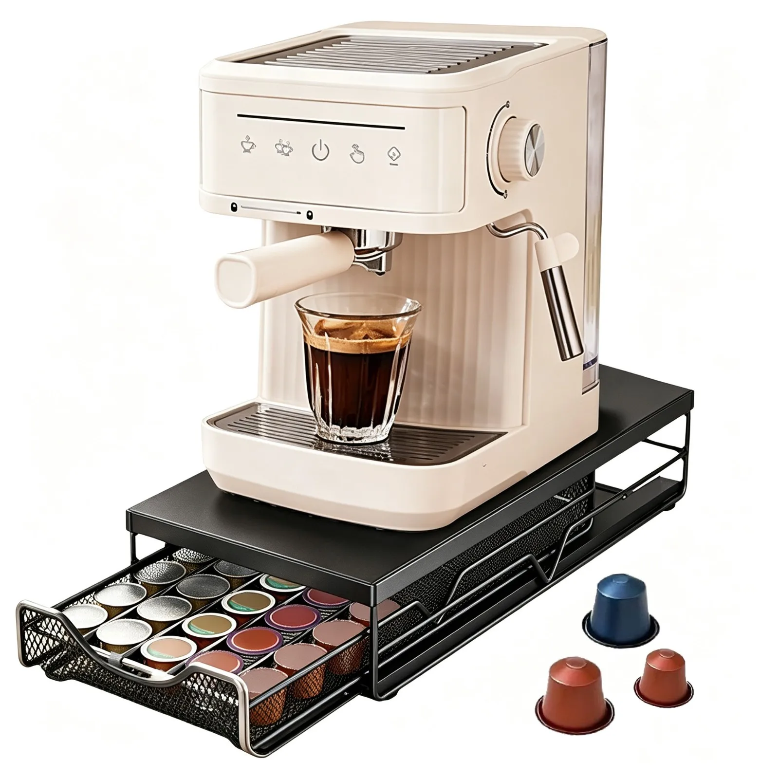 Portacapsule scorrevole per cialde di caffè, organizer per la conservazione, capacità di 40 cialde, supporto in metallo per cialde da posizionare sul piano di lavoro, soluzione per la conservazione