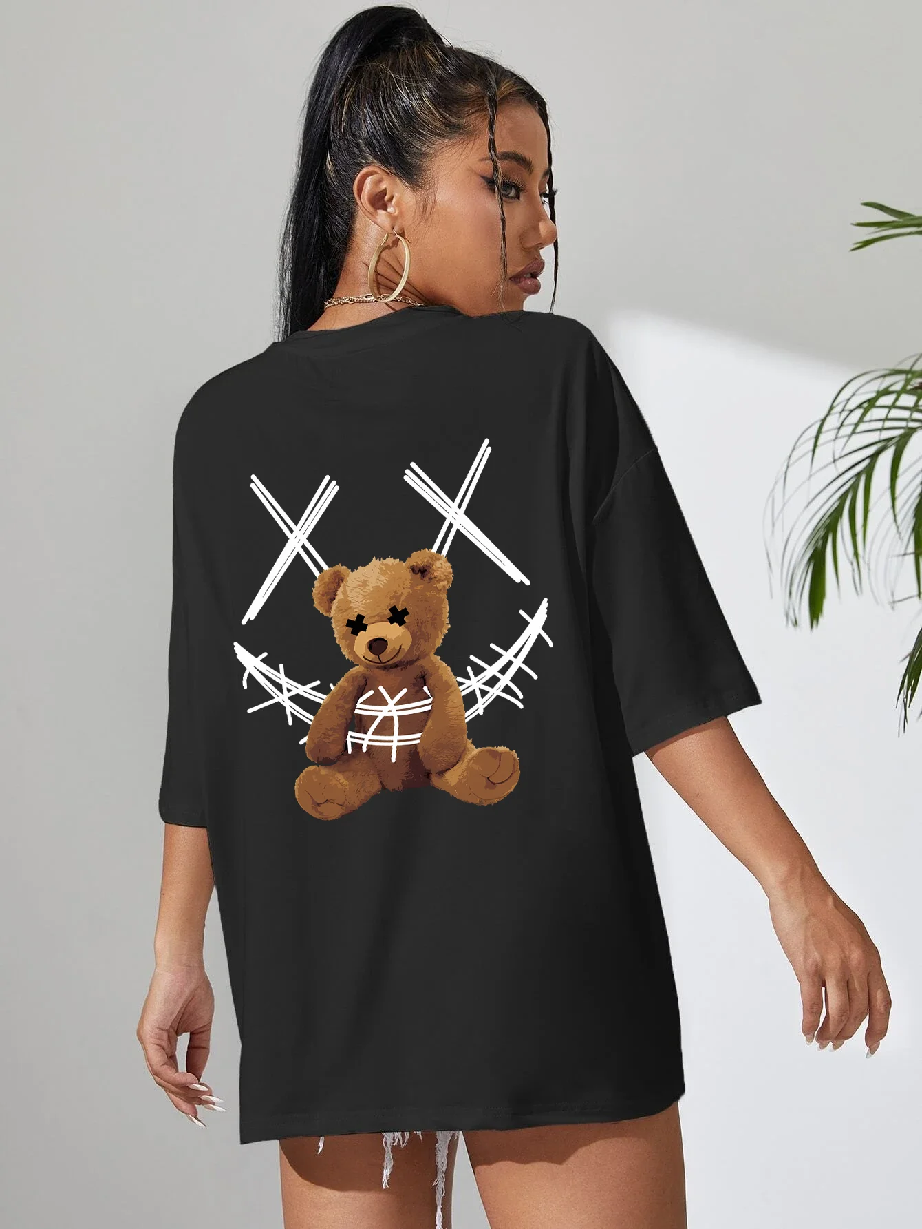 Trapped Brown Bear Pattern Printed Womens Tshirts Cotton Oversize T-Shirts Fashion Loose Tops Soft Breathable T-Shirt for Women