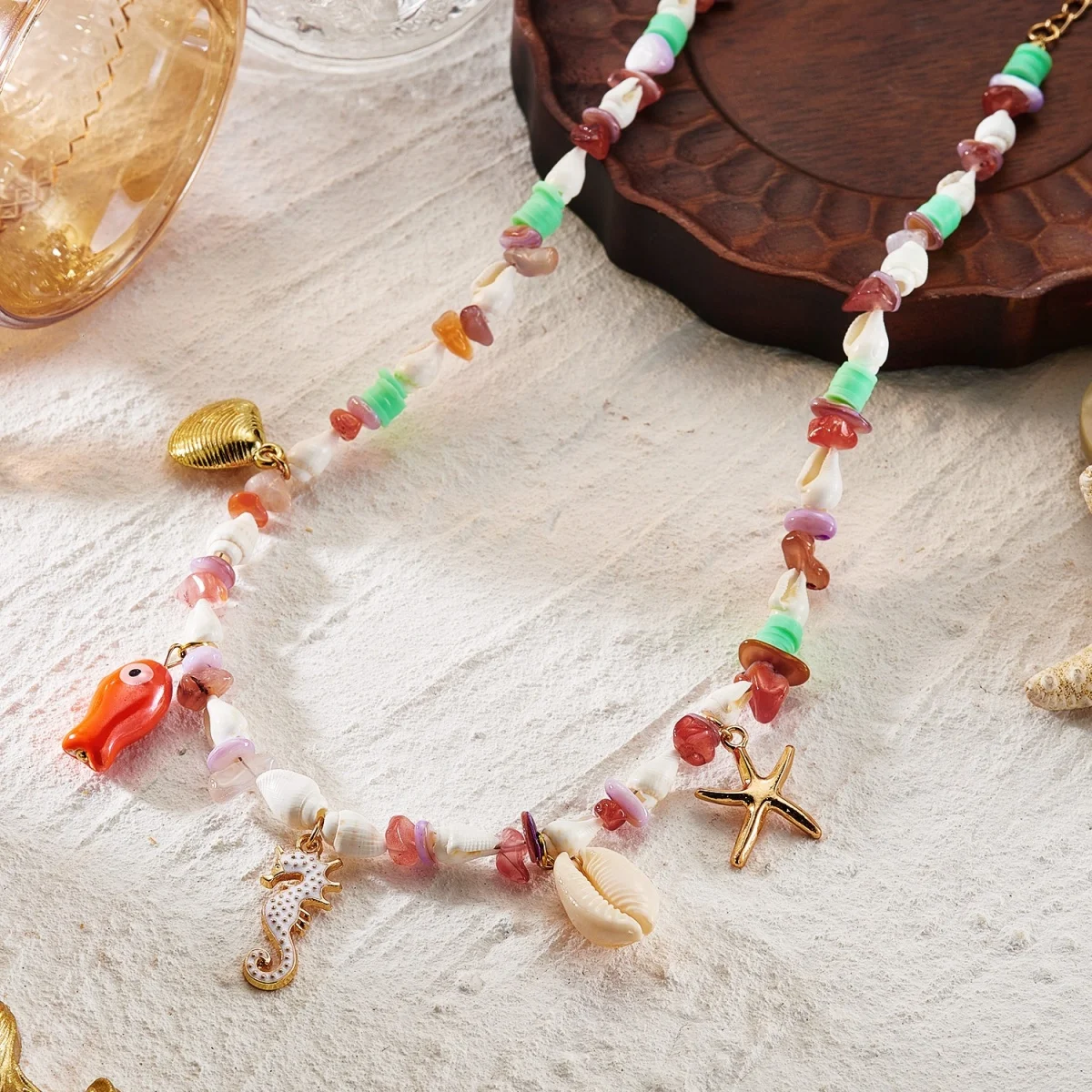 Sommerliche Muschel-Seestern-Imitationsperlen-Quasten-Anhänger-Halskette für Damen und Herren – Seepferdchen, Fisch, Muschel, Schildkröte, Delfin Choker-Schmuck – Detail 24