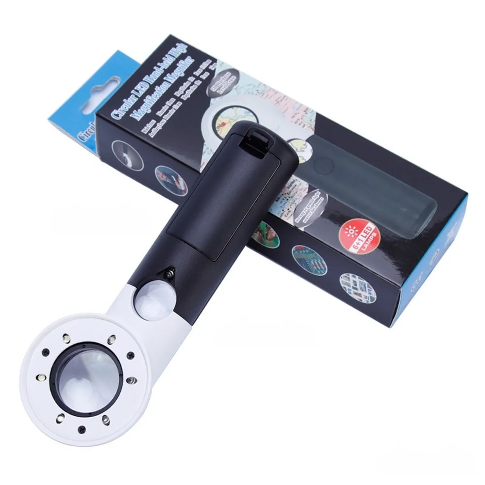 Handheld LED Magnifying Glass 16X 30X Dual Layer Optical Lens Black ABS Plastic With 7 Lights For Jewelry Coin Antique Appraiser
