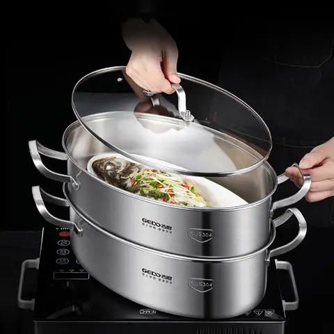 38cm 2 Layers' Fish Poaching Pan Ultra Thick Integrated Kitchen Oval Pot 304 Stainless Steel Stewpot with Tempered Glass Cover