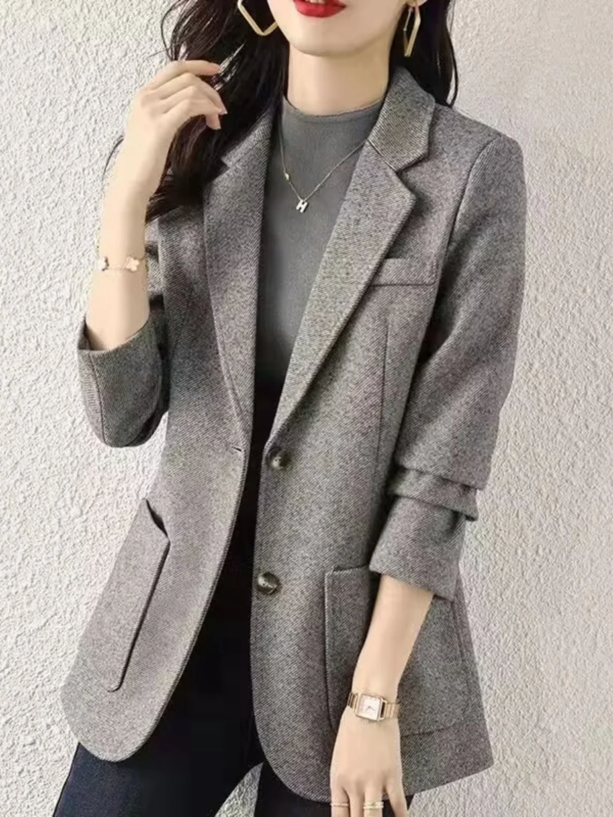 Elegant Grey Suit Jacket Women's Casual Style Korean Version Spring Autumn New Fashion Small Western Clothes Top