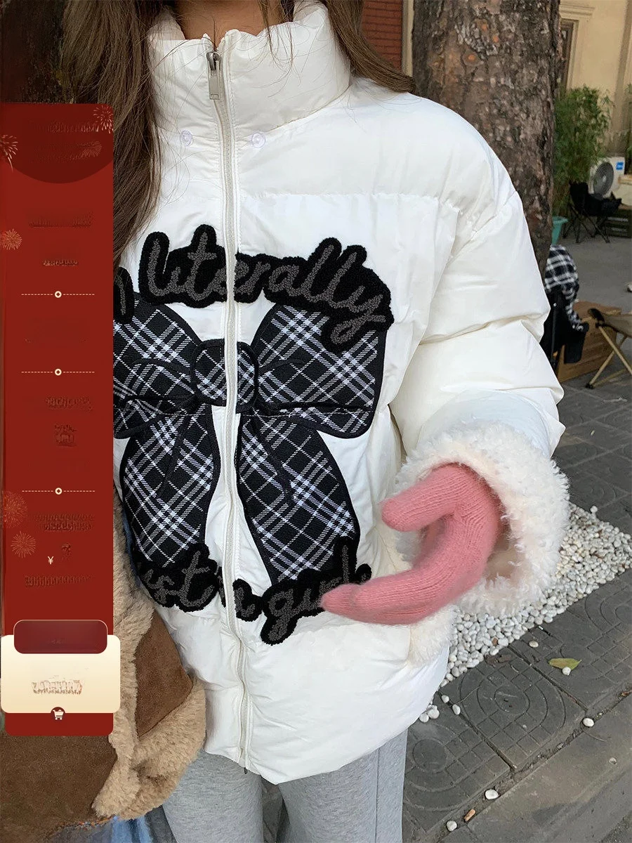 

Зимняя утепленная женская хлопковая куртка COK с отстегивающимся капюшоном, клетчатым дизайном и бантом, удобная, свободного кроя