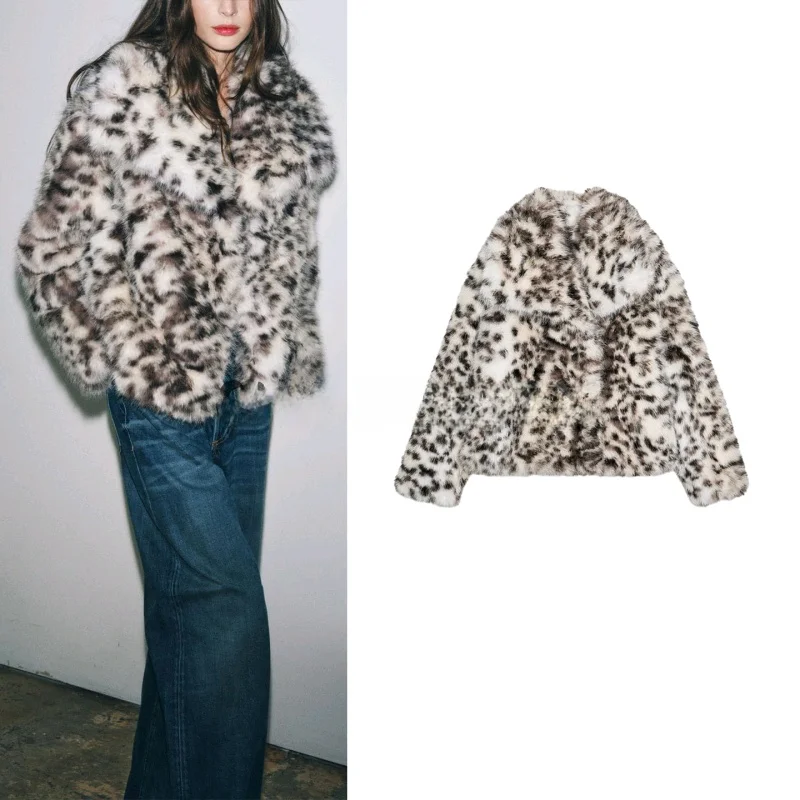 

Fall New Women's American Collar Long Sleeve Animal Print Faux Fur Jacket Outerwear Elegant Style Short Length No Brand