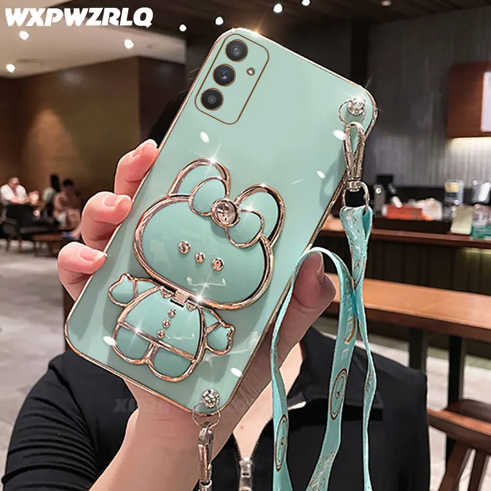 For Samsung Galaxy Buddy2 M23 F23 Buddy 2 Phone Case Soft Silicone Plating Cartoon Rabbit Fold Stand Makeup Mirror Bracket Cover