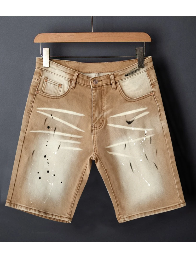 Men's Paint Splatter Vintage Denim Shorts Streetwear Hip Hop Straight Leg Jeans Shorts Casual Summer Loose Mid-Length Trousers