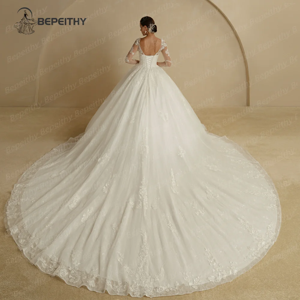 BEPEITHY Customized Full Sleeves Bridal Ball Gown Lace Princess Wedding Dresses 2025 Spring O Neck Vintage Bride Ivory Vestidos