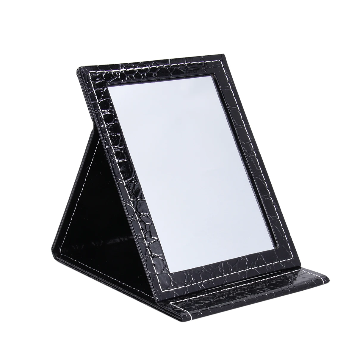 Desktop Makeup Mirror L Size Black PU Portable Foldable Lighted Glass for Clear Daily Travel Use