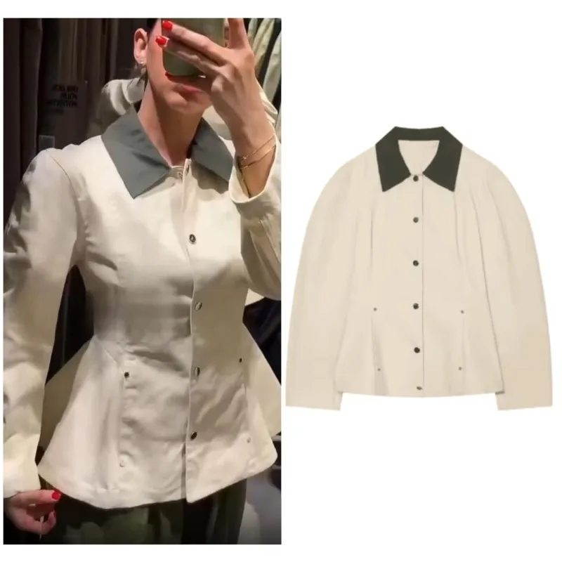 Women's Jacket 2026 Spring Fashion Contrasting Color Collar Long Sleeve Peplum Coats Casual Female Streetwear Tops