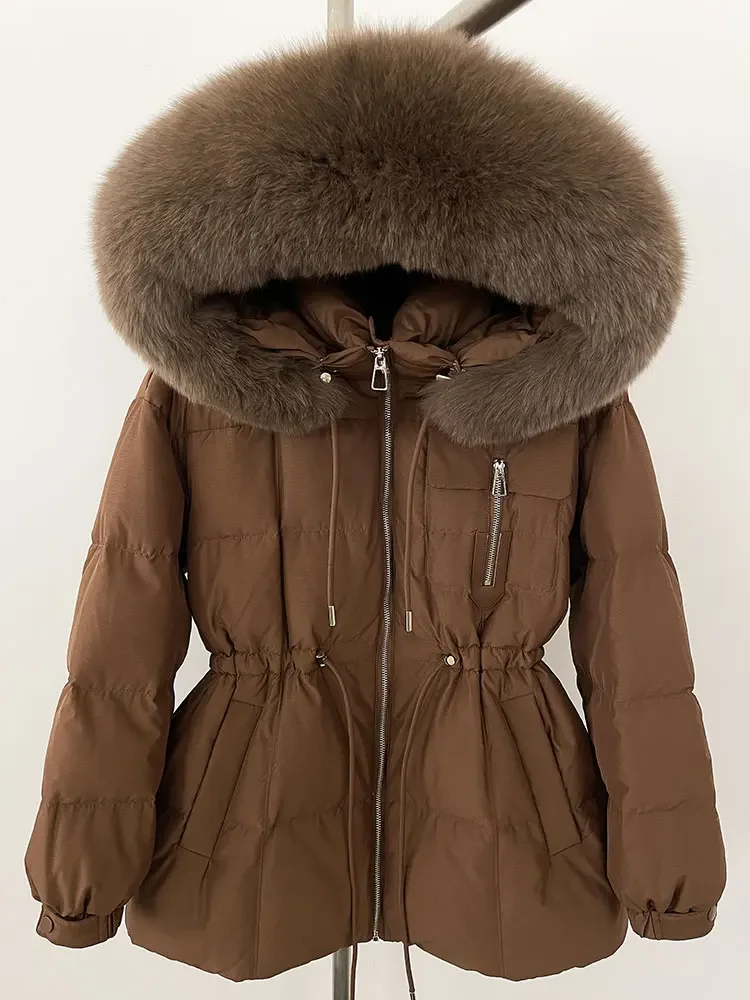 2025 المرأة الأبيض بطة أسفل معطف الموضة الطبيعية الحقيقية الراكون الثعلب الفراء طوق مقنعين الشتاء سترة دافئة ملابس خارجية غير رسمية #5