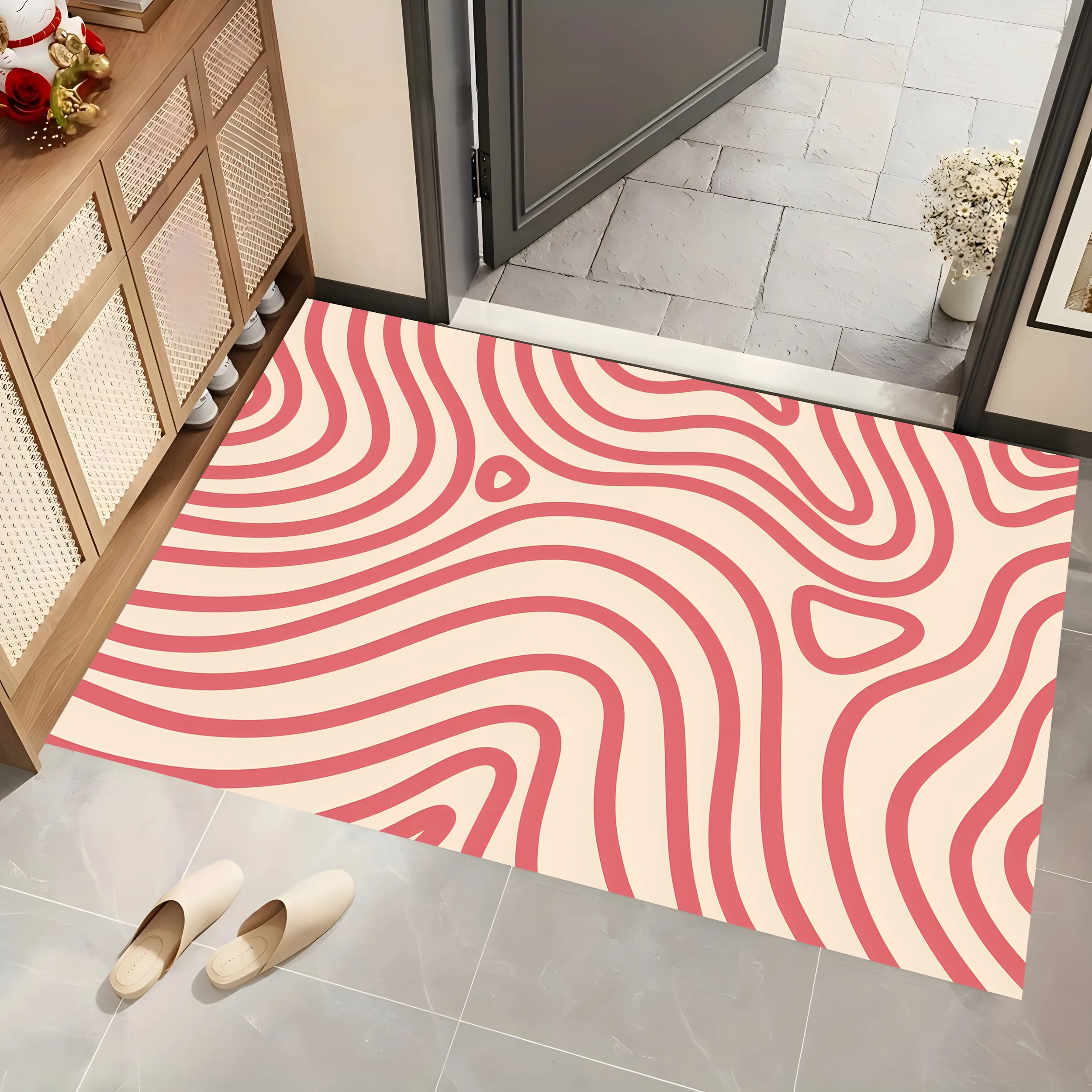 2D Large Carpet, Pink & White Streamlined Wavy Pattern, Minimalist Stylish, Living Room & Bedroom