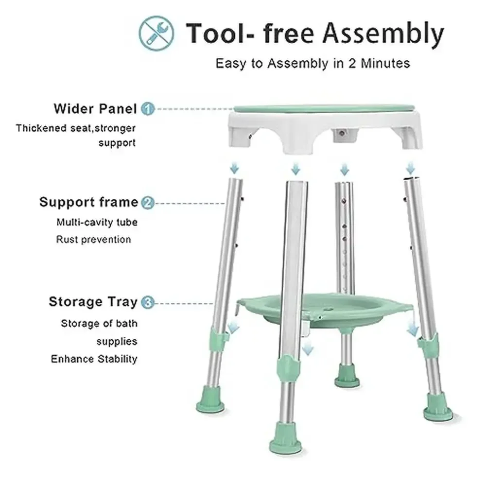 Draaibare douchestoel 360° °   Verstelbare kuipzitting met opbergbak, capaciteit 350 lbs FSA/HSA uitlopend aluminium frame, antislipvoeten