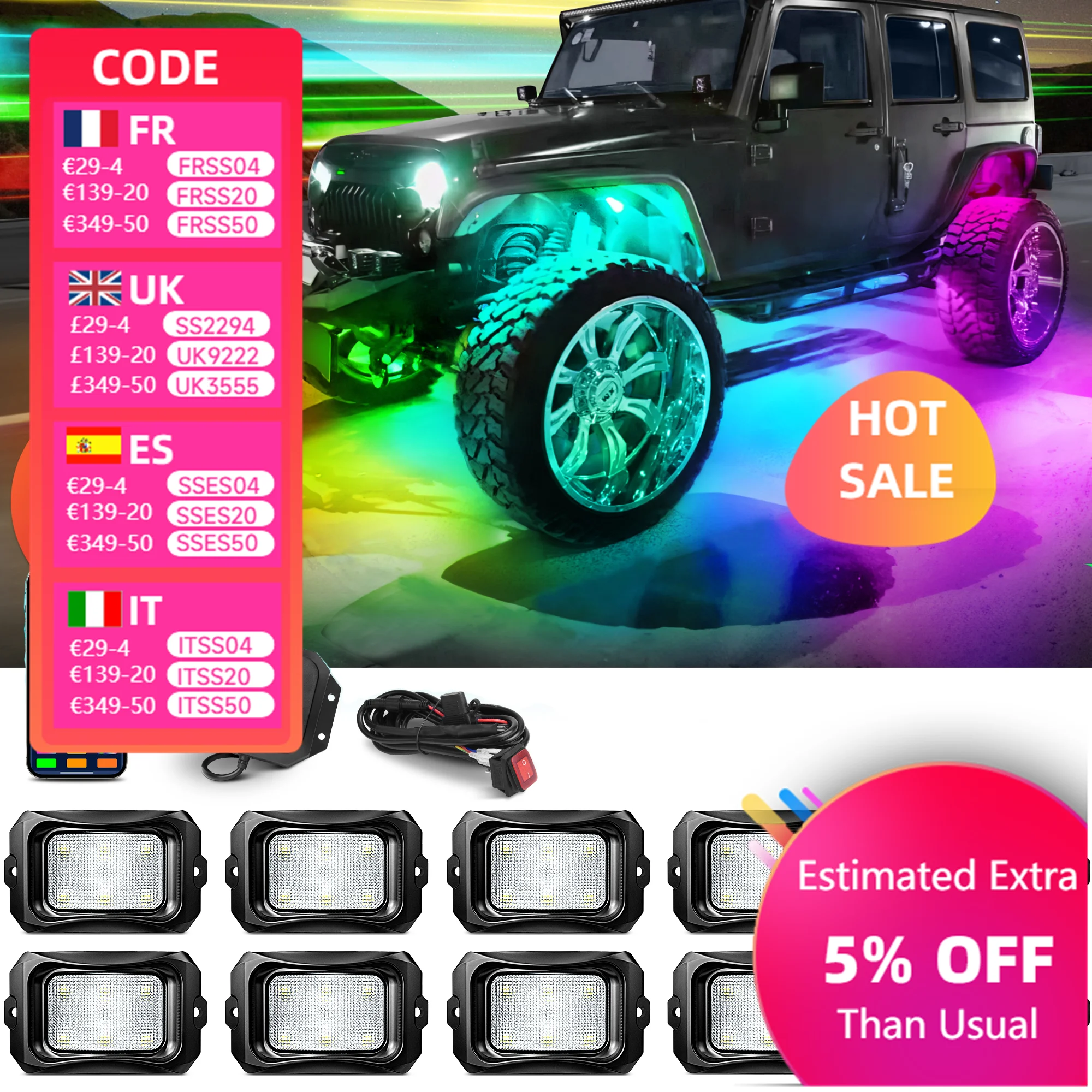 

MICTUNING 10 Pods C2 Extensible RGB+IC LED Rock Lights Kit DIY Effect With Wireless Bluetooth APP Control For Truck Motorcycle