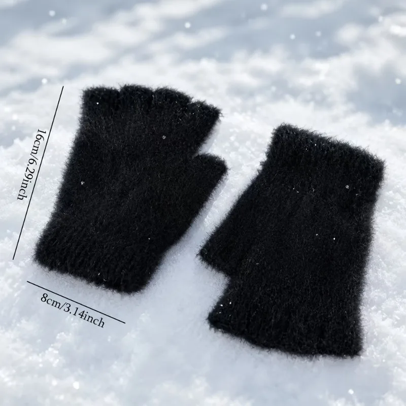 1Pair Women's Thermal Fingerless Gloves Half-Finger Elastic Warm Gloves with Exposed Thumb Suitable for Driving, Cycling
