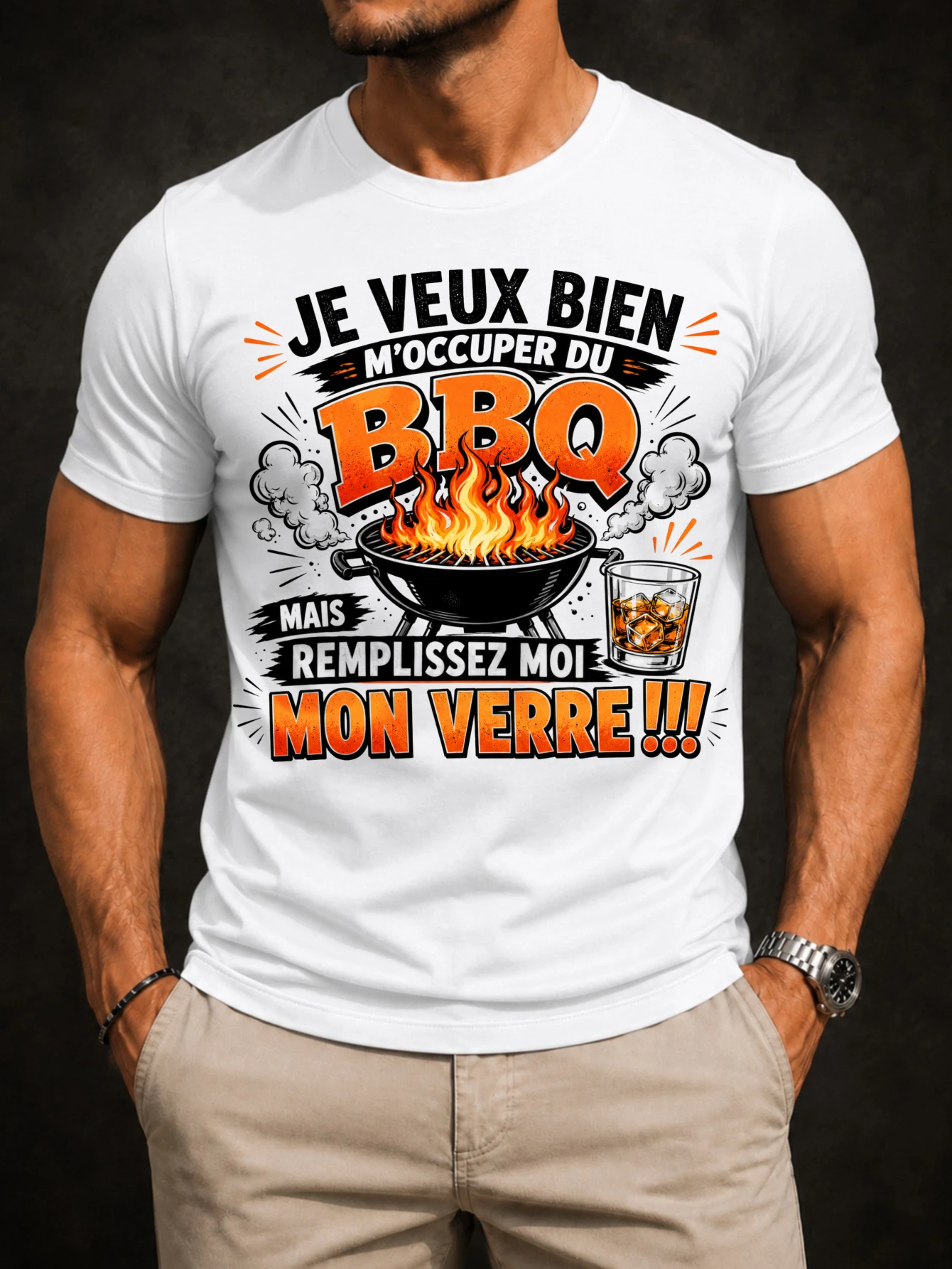T-shirt unisexe décontracté avec impression « Je veux bien profiter du barbecue, mais remplissez mon verre »