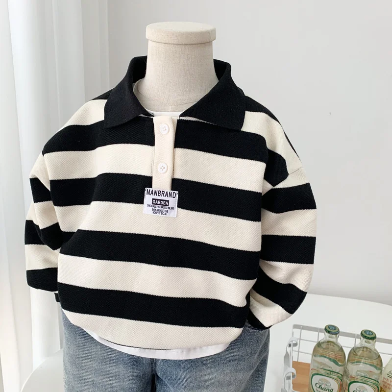 Boys Striped Sweatshirt New Spring Kids Long Sleeve Pullover Teen Cotton Lapel Polo Tops Autumn Children Clothes 2-12 Years