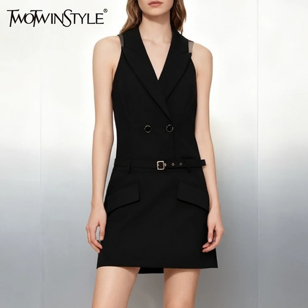 

TWOTWINSTYLE Sexy Party Dresses for Women Notched Collar Sleeveless High Waist Patchowrk Sashes Formal Event Mini Dress Female