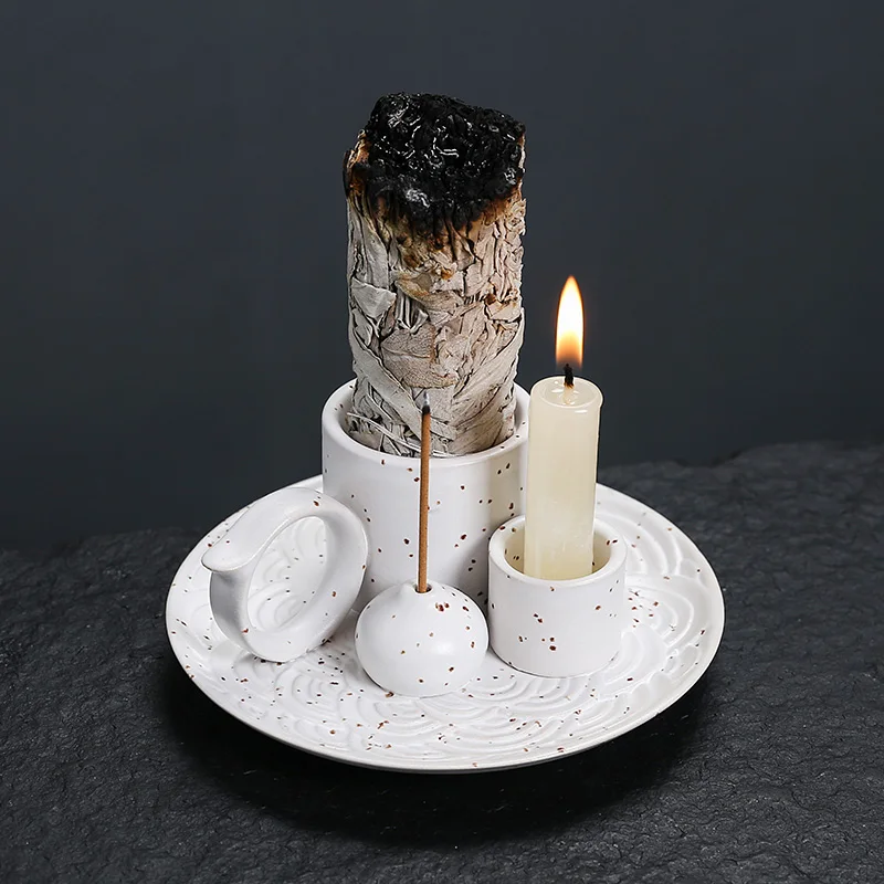 مبخرة 4 في 1، حامل سيج بالو سانتو، حامل عصا البخور، حامل شموع، مبخرة سيراميك لغرفة المعيشة والتأمل