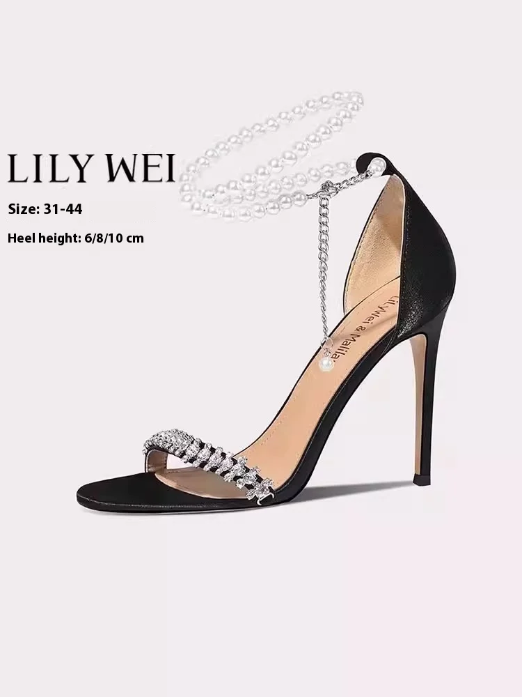 

Новые летние босоножки на тонком высоком каблуке, шелковые сандалии с круглым носком и жемчужной цепочкой, банкетная женская обувь большого размера маленького размера