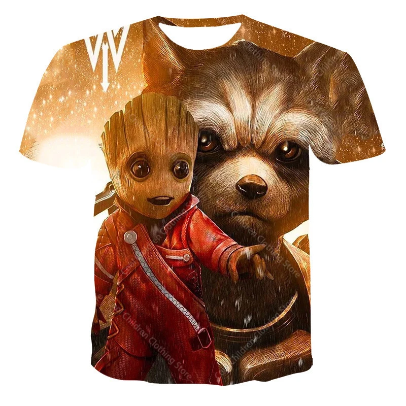 24 New Summer Boy Girl Marvel Rocket Raccoon And Tree Gru Tees Short Sleeve Guardians of the Galaxy Parent Child Clothing Top