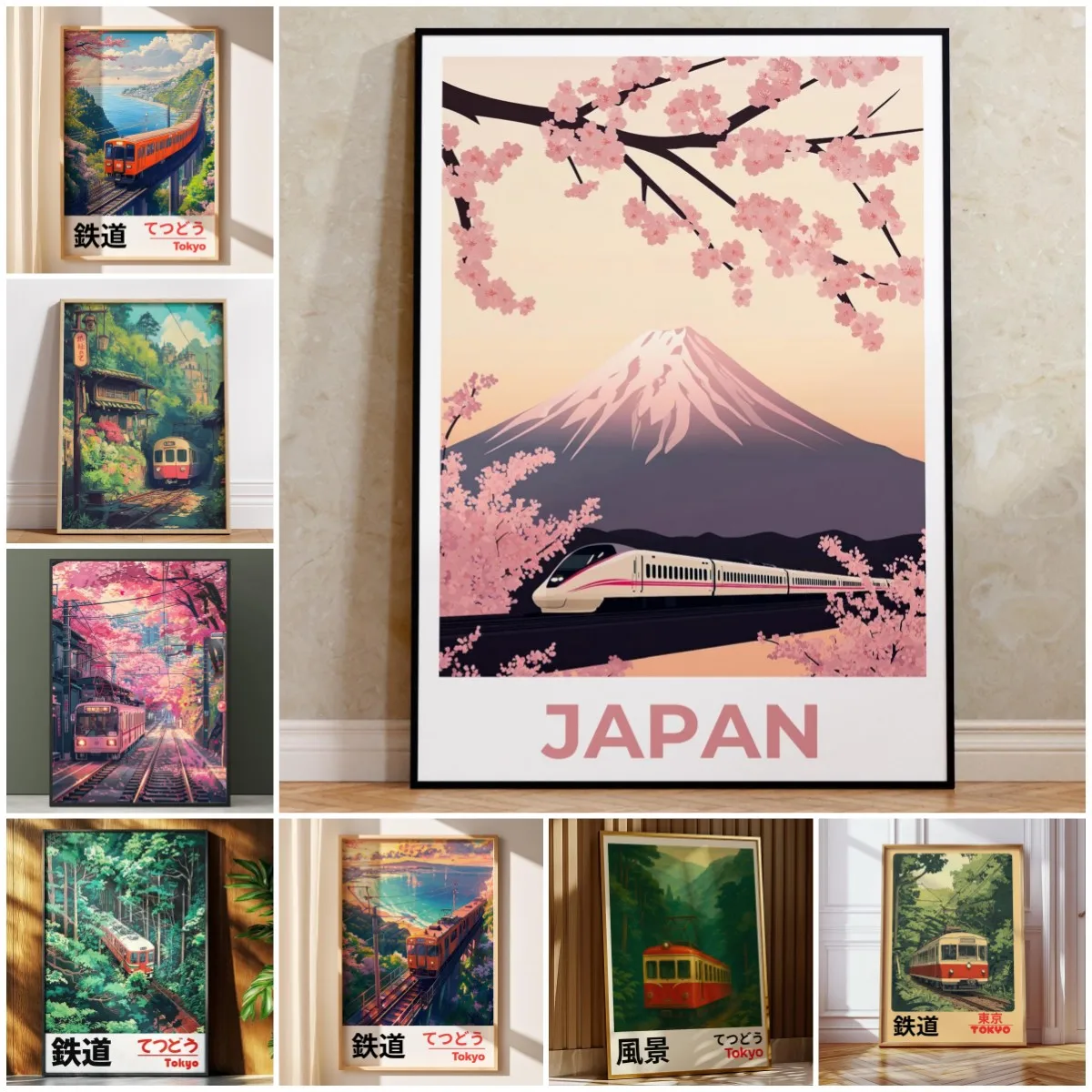 Arte asiático, arte de pared ferroviario, paisaje japonés Vintage, póster impreso en lienzo para sala de estar, dormitorio, decoración de baño