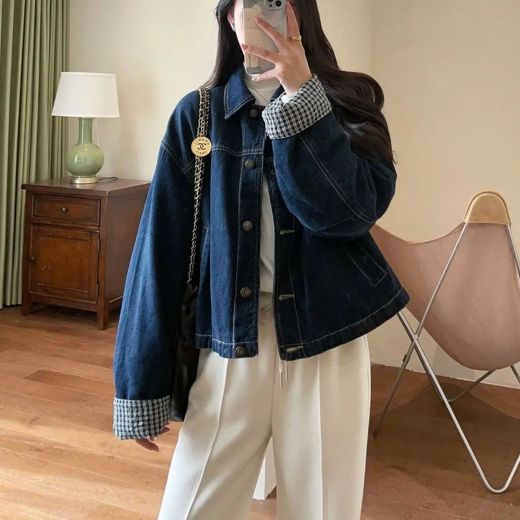 

Женская стеганая джинсовая куртка в клетку в западном стиле, короткое осенне-зимнее пальто с хлопковой подкладкой и бриллиантами