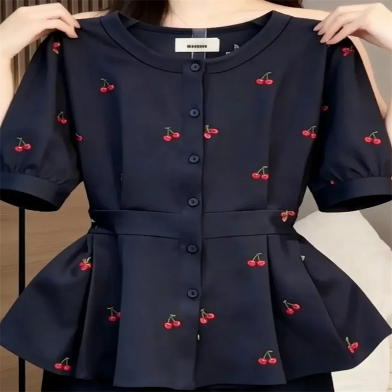 Fashion Spring and Summer Chinese Women's Beautiful Cardigan Single-breasted Shirt Round Collar Shirt Black Shirt Blouse New