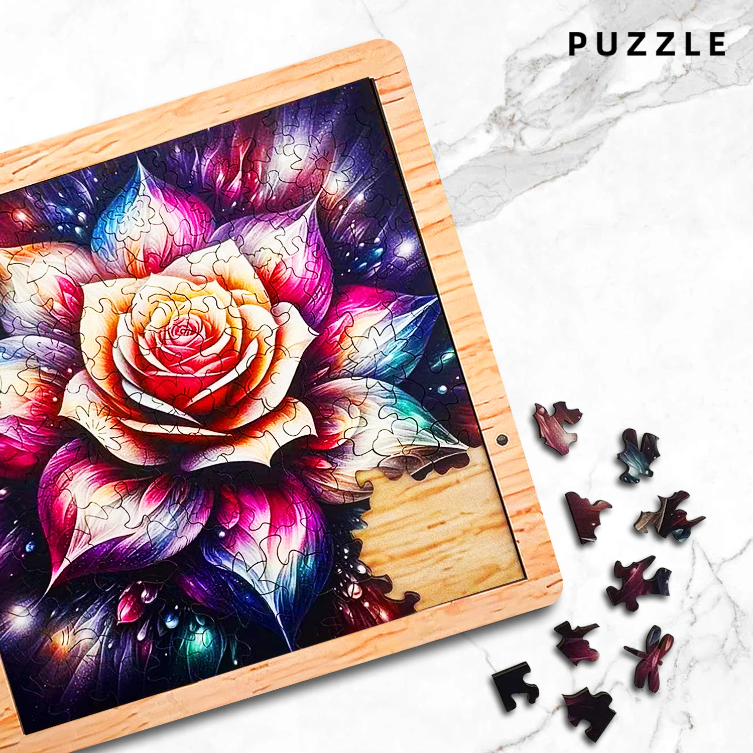 Colorful Flower Wooden Puzzle Art, Difficult Jigsaw Puzzle with Wooden Frame, Unique Irregular Shape Puzzle Game for Adults