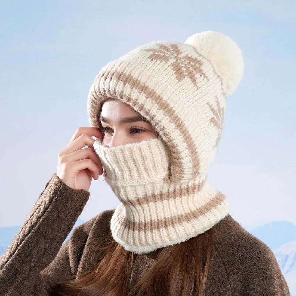 Fleece Lining Knitted Balaclava Hat Snowflake Jacquard Thick Warm Winter Beanie Mask Ear Protection Soft Integrated Scarf Cap