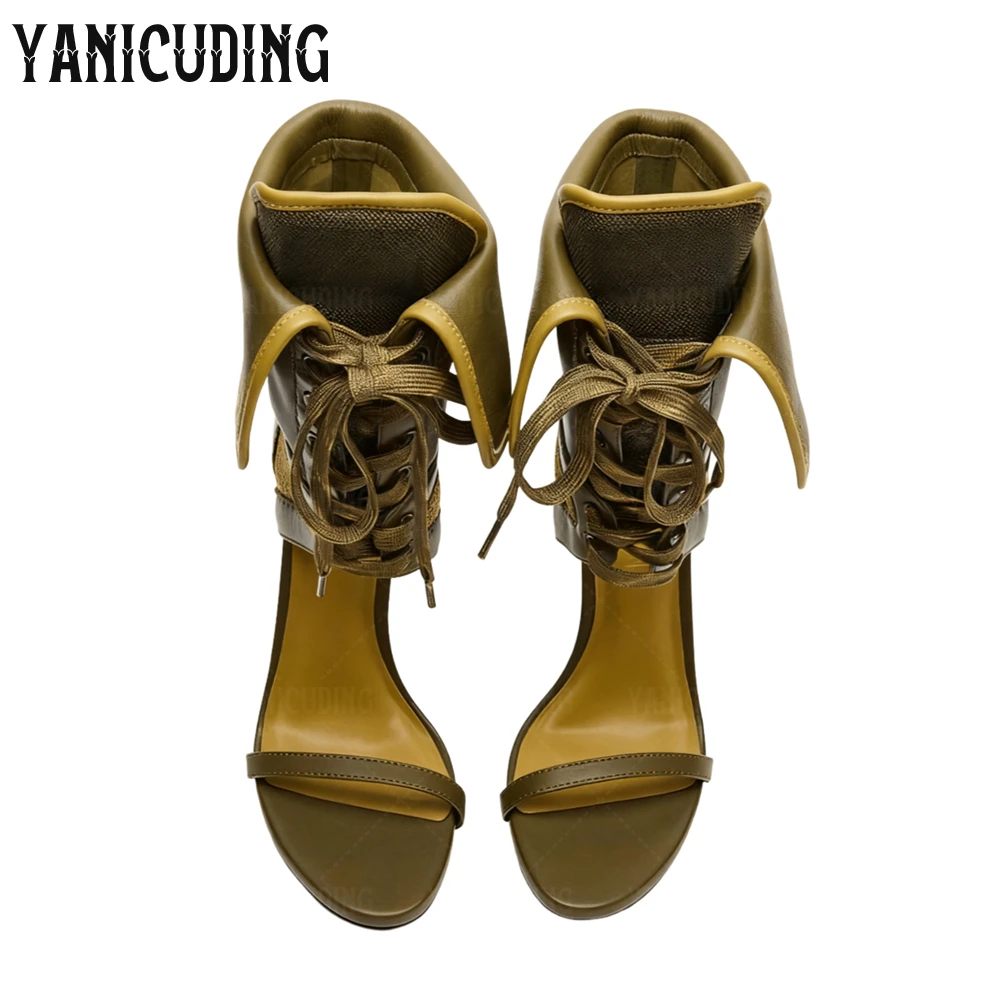 

Fold over Stiletto Sporty Summer Boots Open Round Toe Stiletto Heel Lace up Fabric Sandals Army Green Fashion Style Sandal Boots