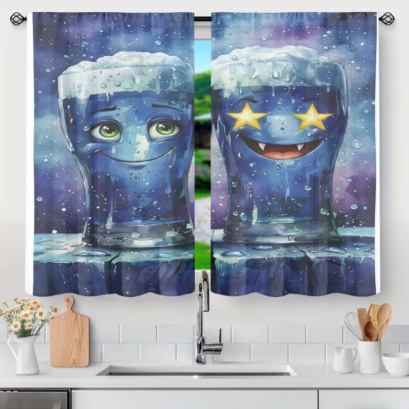 Cute Cartoon Water Blob Characters Window Curtain Panel Aqua Blue Ocean Theme Decorative Privacy Curtains Semi-Translucent Bathr