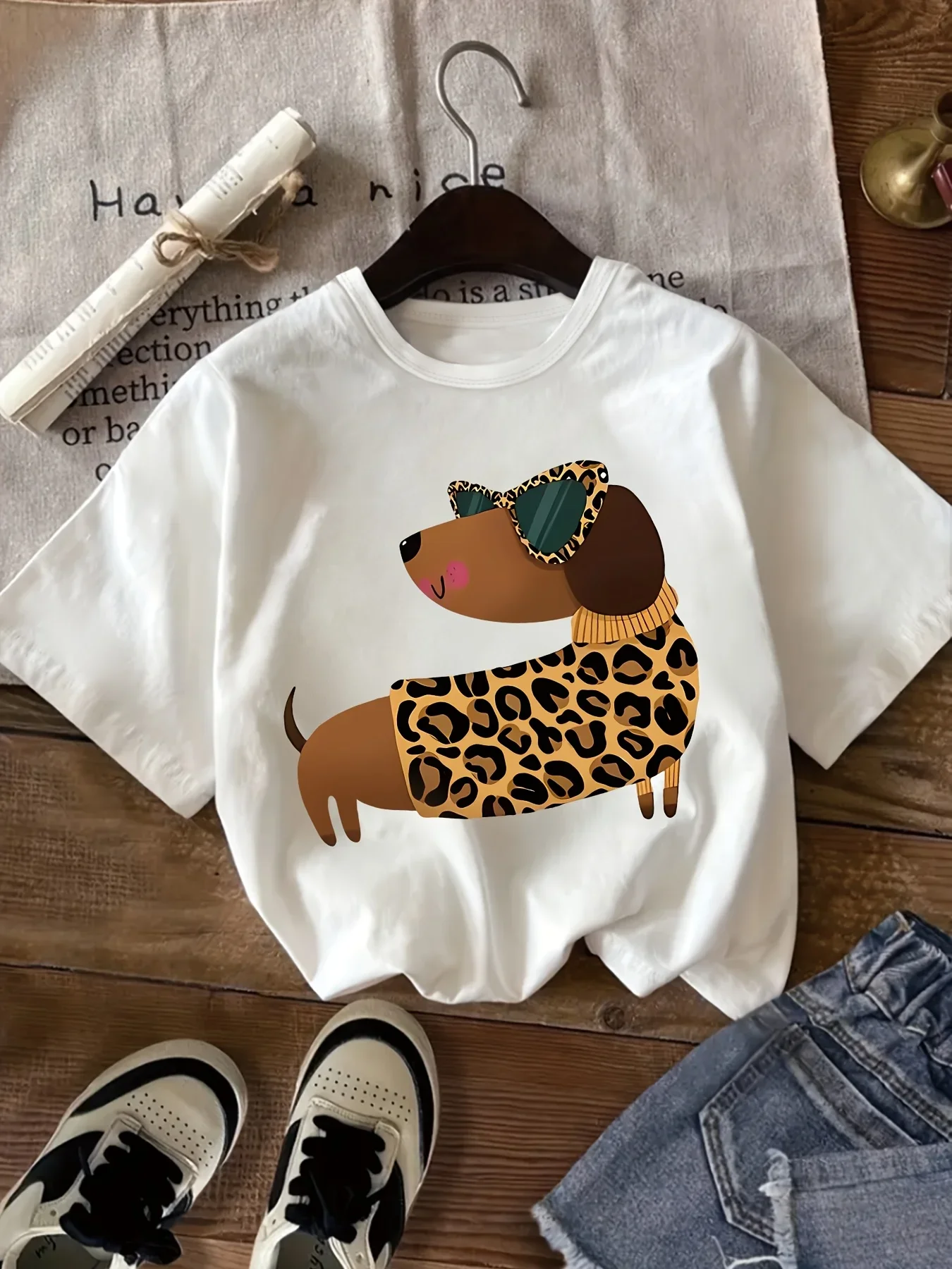 Cool Leopard Print Dachshund Graphic Kids Short Sleeve T Shirt Cartoon Puppy With Sunglasses Toddler Casual Summer Tee Top