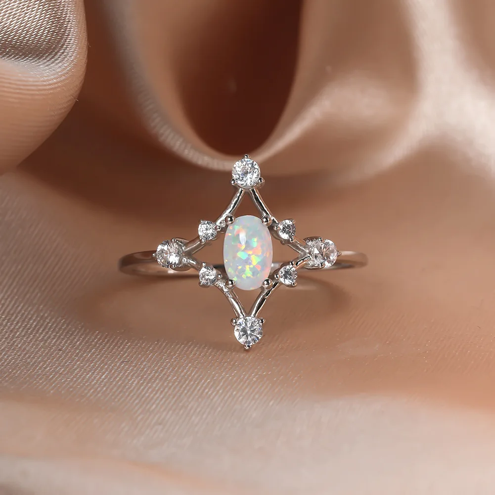Light Luxury Cold Style Jewelry Diamond Hollow Edge White Zircon Australian Treasure Ring for Women's Opal Stone Ring