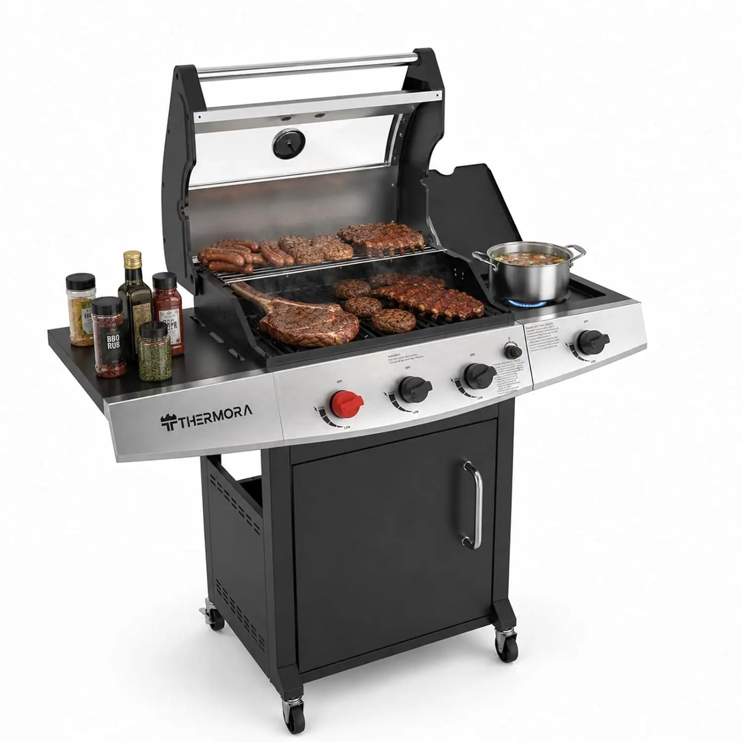 

4 Burners Propane Gas Outdoor Grill 50,000 BTU, 553 Sq.in, Searing Burner, Side Burner, Porcelain-Enameled Grates BBQ, Custom