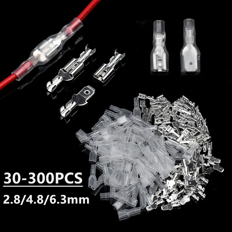 30-300PCS 2.8/4.8/6.3mm Female Male Spade Crimp Terminals Connector Electrical Wire Connectors Insulated Transparent Sleeve Set