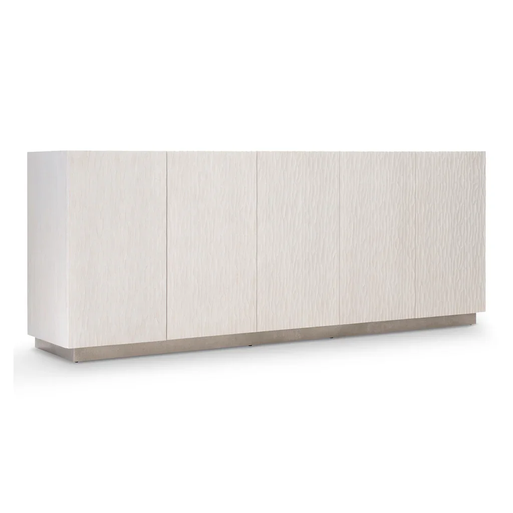 ^Modern White Wavy Textured TV Stand Credenza, Luxury Wood Storage Credenza with Stainless Steel Base for Home & Office