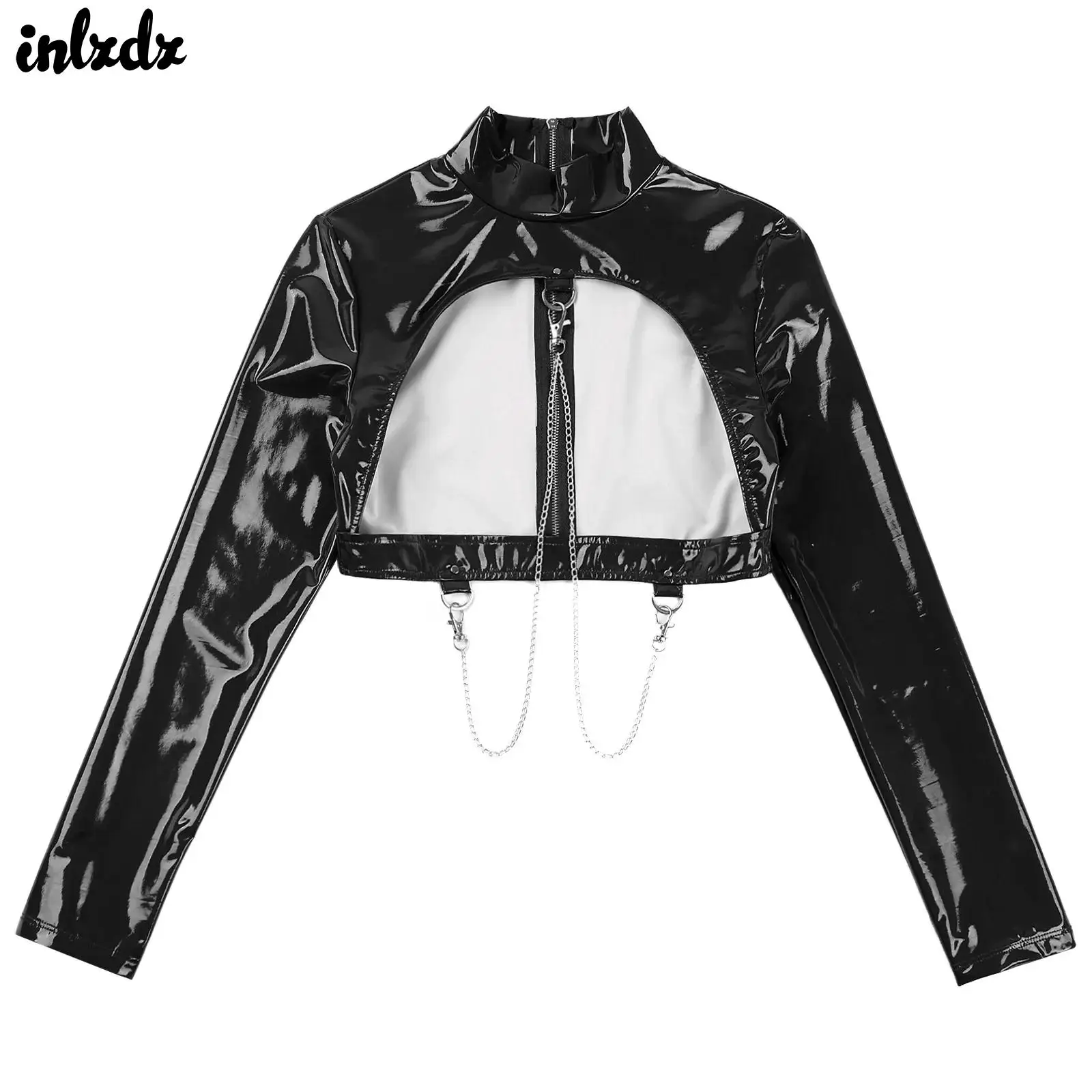 

Womens Hollow Out Back Zipper Latex T-shirt Crop Lingerie Open Chest Glossy Patent Leather Crop Top with Metal Chains Clubwear