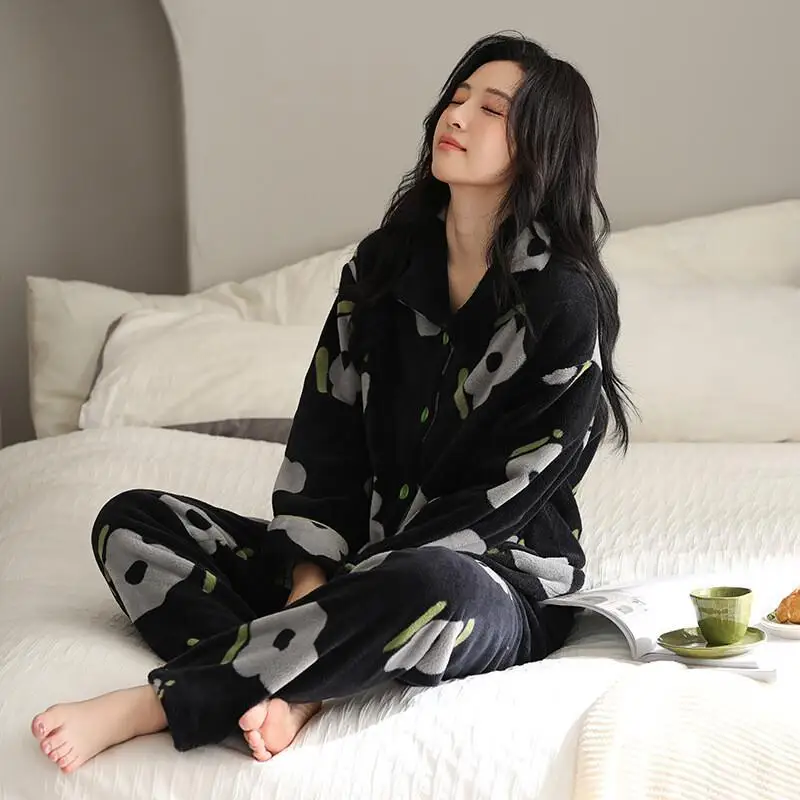 

Women's Pajama Set Girl Winter Homewear Flannel Nightwear Women Keep Warm Soft Fleece Sleepwear Loungewear Pj Set Set Cozy