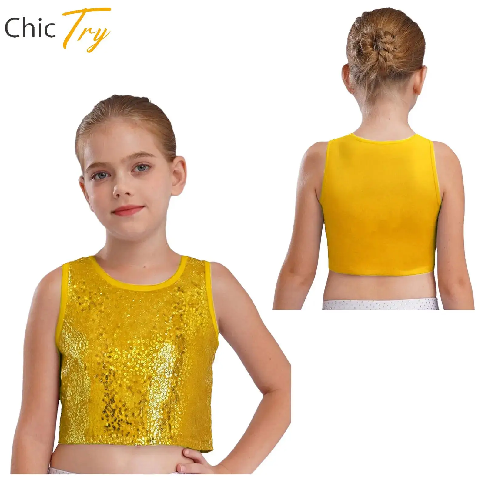 

Sparkling Sequins Dance Tank Top for Kids Girls Sleeveless Vest School Stage Performance Crop Tops for Stage Show Dancing Party