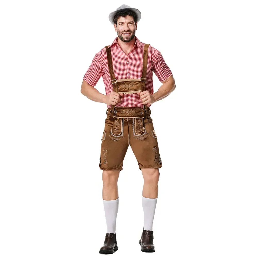 Camisa Cerveja Suspender Shorts e Chapéu Traje Cosplay, Masculino Uniforme Oktoberfest, Oktoberfest, Trajes Bávaros Alemães