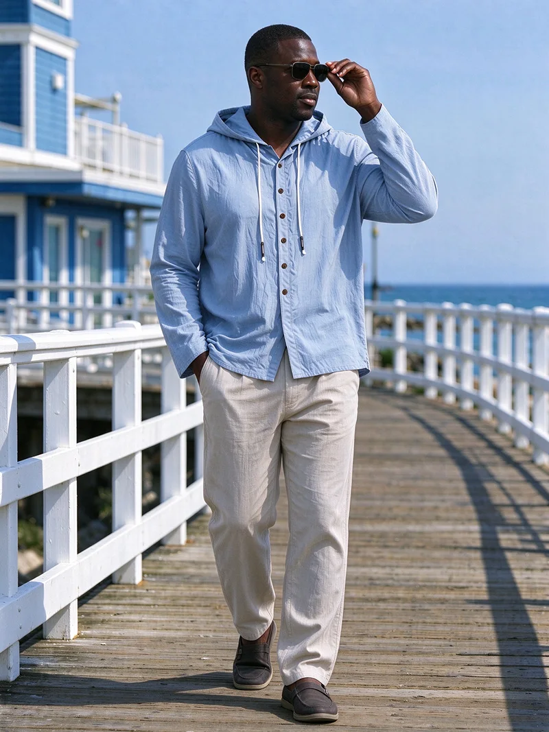2026 Neues Herren-Leinenhemd mit Kapuze, langen Ärmeln, Kordelzug-Kapuze, lässig für Strand, Urlaub, Reisen, tägliche Spaziergänge, Button-Down-Bluse – Detail 14
