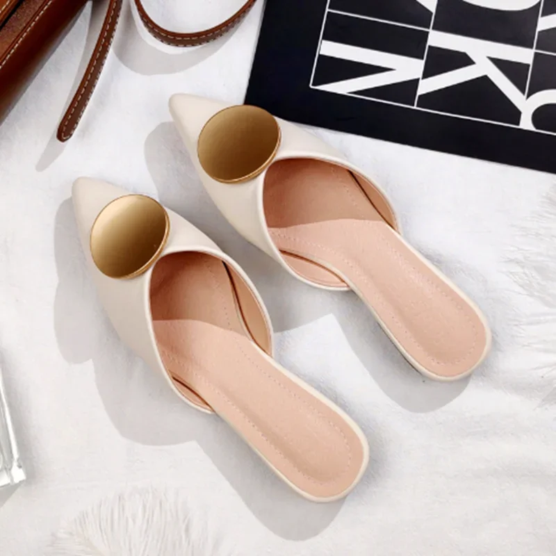 Women Etiquette Fluorescein Designer Luxury Slippers Flat Point Toe Shoes With Metal Circle Leather Summer Slides Black Beige 42