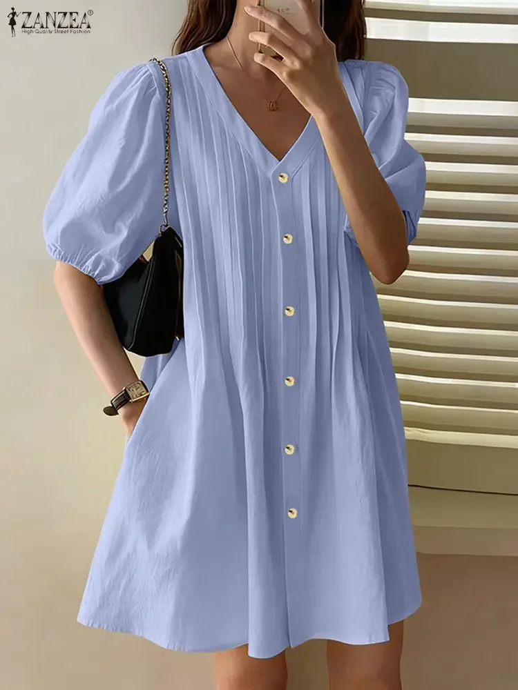 2025 ZANZEA Abiti estivi da donna Mini vestito estivo sexy Moda manica corta a sbuffo Bottoni con scollo a V Abiti corti a pieghe oversize