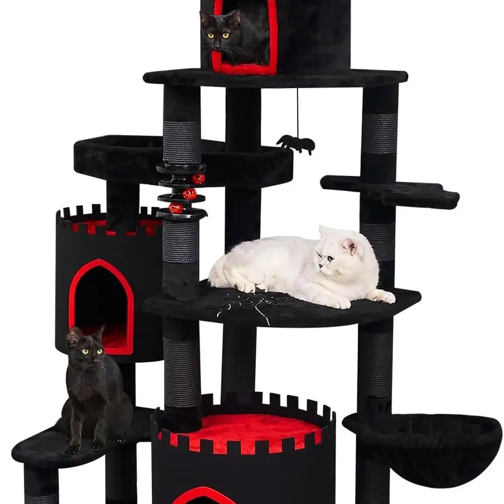 

Высокая черная башня для кошек 68,9 с кроватью для гроба, просторным кондоминированием, когтеточками, подвесным шариком-пауком, корзиной и игрушкой-треком для мячей для