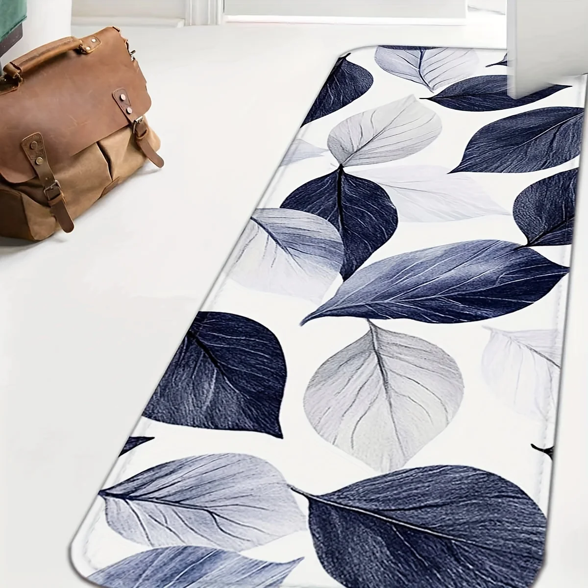Fashionable Blue-gray Leaf Texture Quick-Drying Bathroom Floor Mat Non-Slip Absorbent Shower Carpet Suitable for Bathroom, Bat
