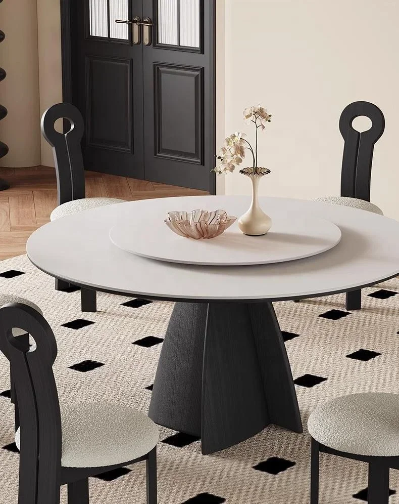 French solid wood dining table home black round table with turntable Italian rock slab round table