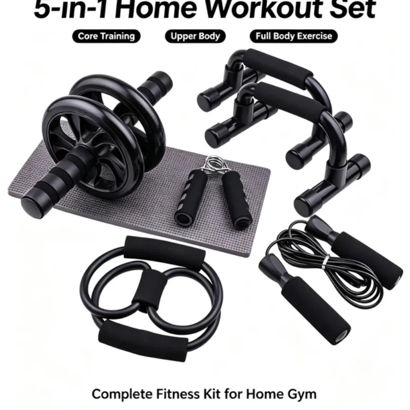 7‑Pcs Portable Home Workout Set , Skipping Rope Hand Gripper Push‑Up Bars Abdominal Roller for Full‑Body Muscle Fitness Training